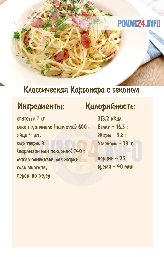 Паста карбонара с ветчиной и сливками: рецепт пошаговый с фото