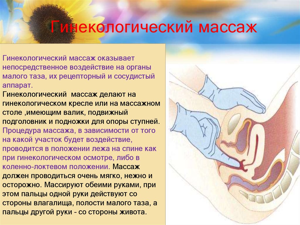 Гинекологический массаж был разработан в 19 веке и необходим для терапии заболеваний женских половых органов малого таза Узнайте подробности правила проведения процедуры