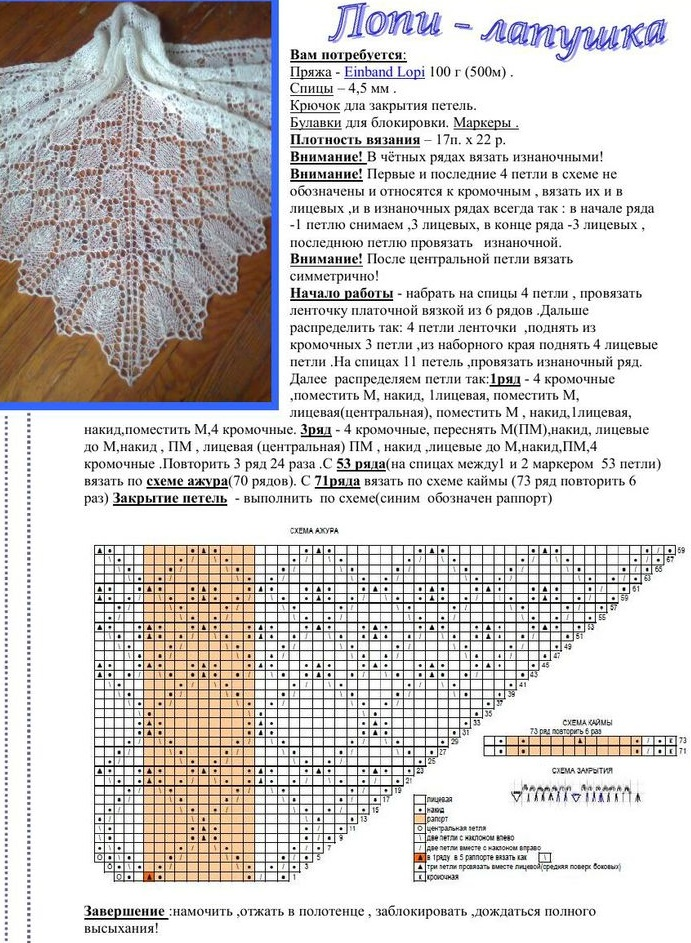Полное описание и схемы для вязания шали «замёрзшие листья»